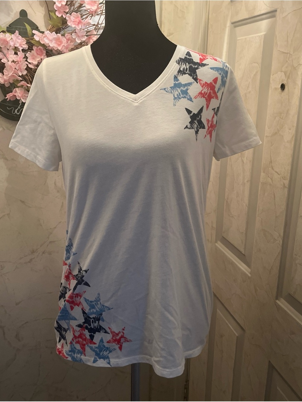 Sonoma White V-Neck Tee with Red, Blue, and Navy Star Accents